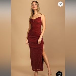 Lulus Next Please Gold and Burgundy Cowl Neck Bodycon Dress